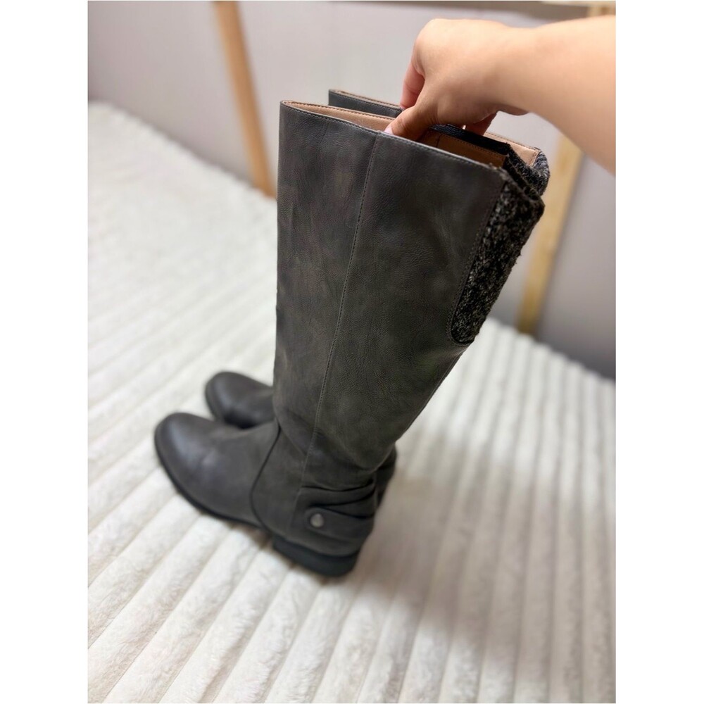 stem Charcoal Gray Over-the-Knee Faux Leather Boots with Knit Panel